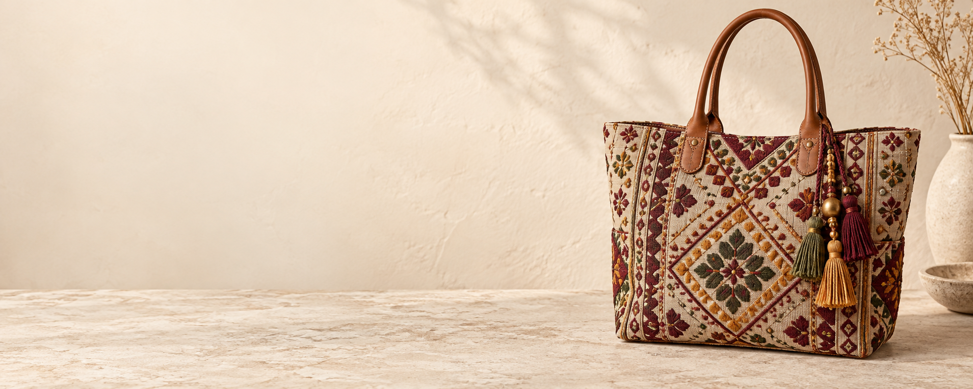 An embroidered artisan tote bag